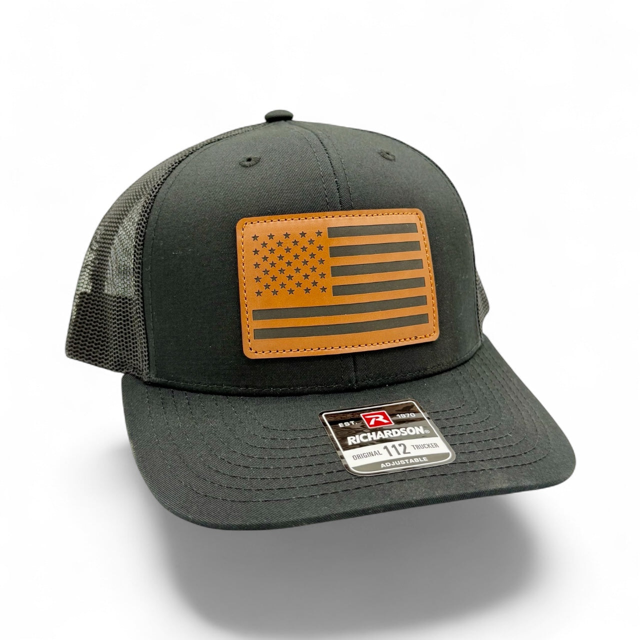 Black 112 American Flag Leather Patched Hat